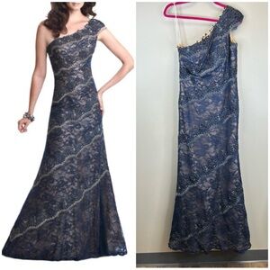 Mon Cheri Montage Navy One-Shoulder Lace Dress 8 Formal Elegant Wedding Floral